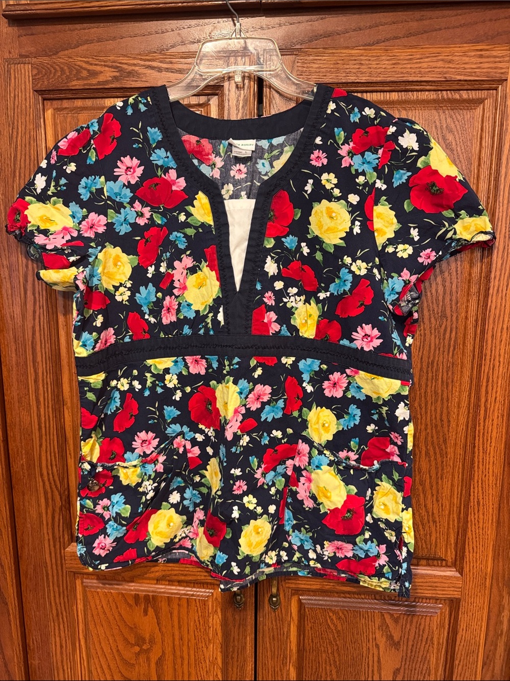 Laura Ashley Navy Floral Blouse with Pink, Yellow & Blue Flowers